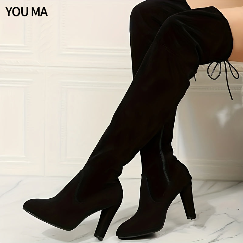 Women'S Boots 2026 New Arrival - Black Over The Knee Thigh High Boots Chunky Heel Lace-Up Back, Comfy Sexy Winter Boots, Perfect Post-Holiday Gift