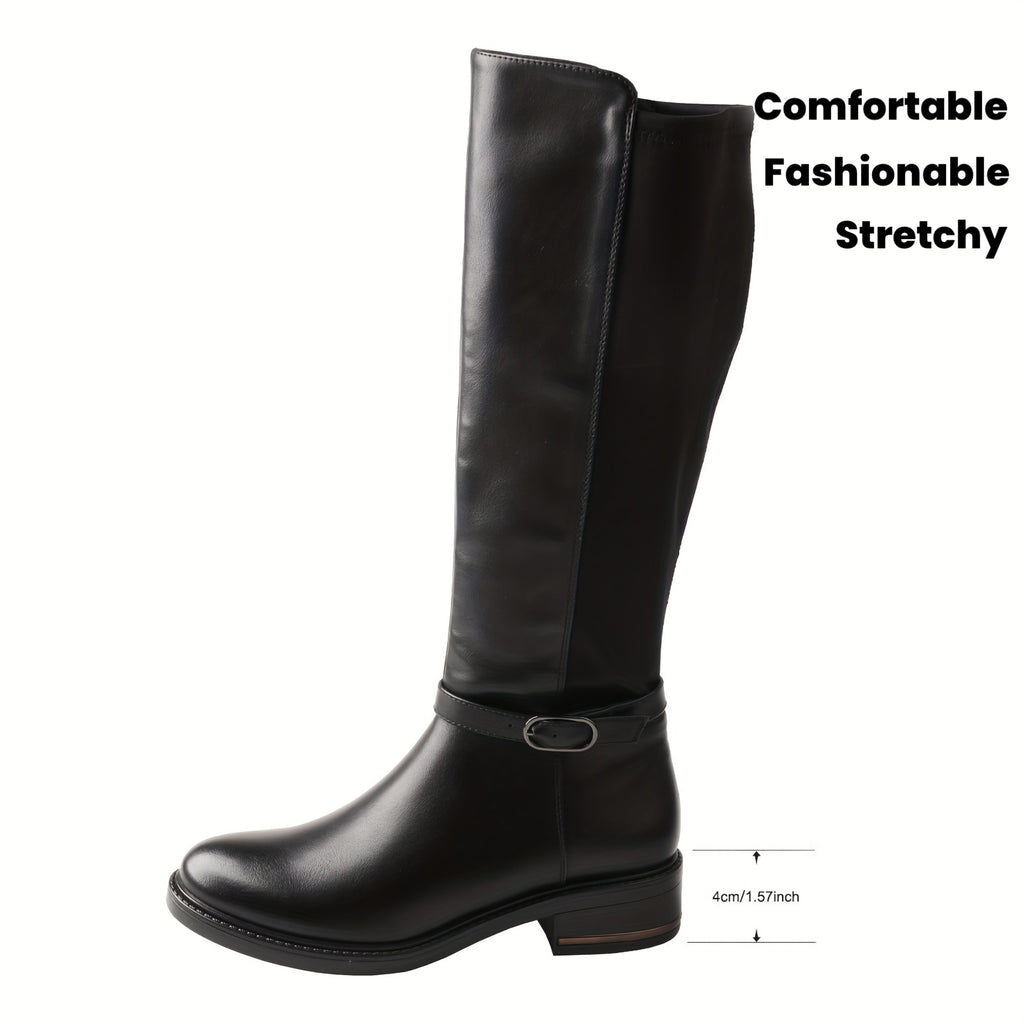 TMA EYES Stylish Solid Zipper Stretchy Comfortable Knee-High Biker Boots, Women Shoes