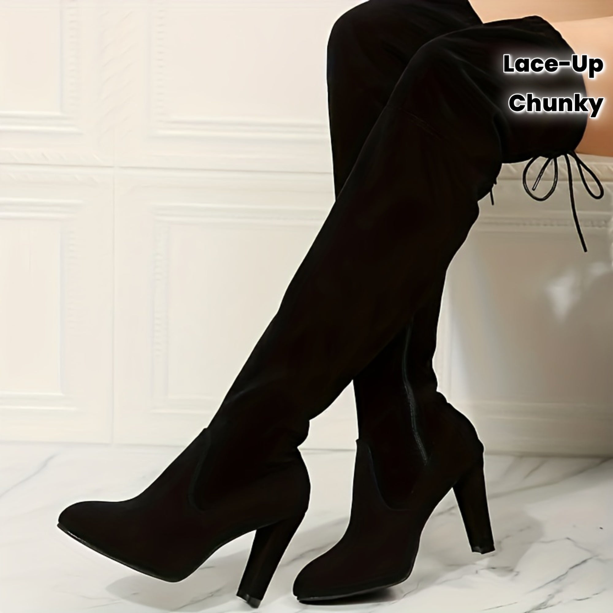 Women'S Boots 2026 New Arrival - Black Over The Knee Thigh High Boots Chunky Heel Lace-Up Back, Comfy Sexy Winter Boots, Perfect Post-Holiday Gift
