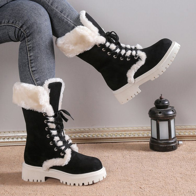Mid-Calf Retro Chunky Platform Snow Boots | faux fur Lined, Slip-Resistant, EVA Upper, PVC Inner, Fabric Insole, Sole, Wide Fit for Women