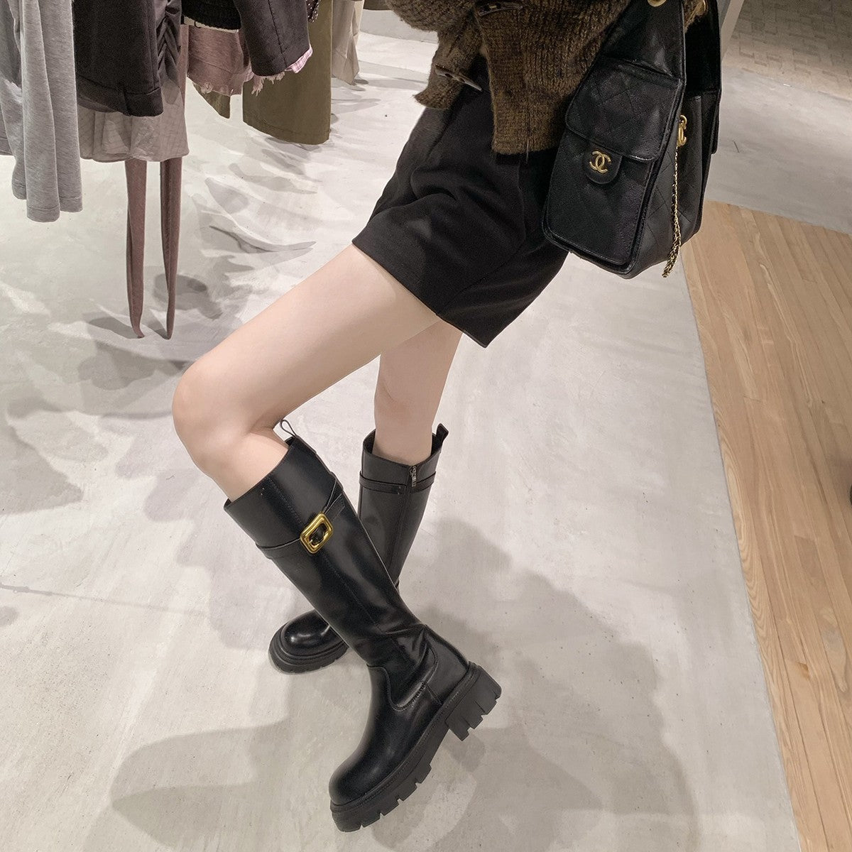 Knee High Platform Boots Women Chunky Heel Round Toe Side Zipper Winter Warm Thick Sole Shoes, Women Shoes