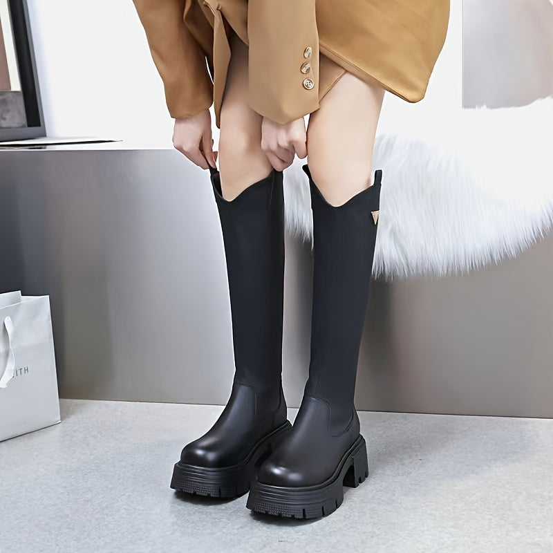Women's Knee-High Platform Boots, New 2025 Fall\u002FWinter Collection, High-Top Boots with Back Zipper, Knee-High Riding Boots with Chunky Heel, Women Shoes