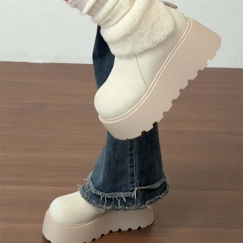 2025 Winter Women'S White Snow Boots | Slip-Resistant Height-Increasing Fleece-Lined Thickened Footwear with Fabric Upper and Sole