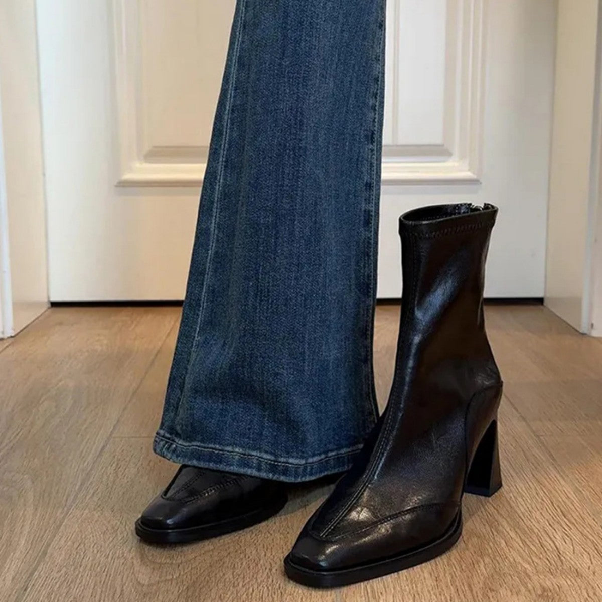 Women'S Square Toe Block Heel Boots | Korean Style Slim Fit Ankle Boots, Fall Vintage Short Booties, Zipper Closure, Pointed Toe, Low Heel, Polyurethane Upper, Genuine Leather Lining, Eva Insole, Rubber Sole, Women Shoes