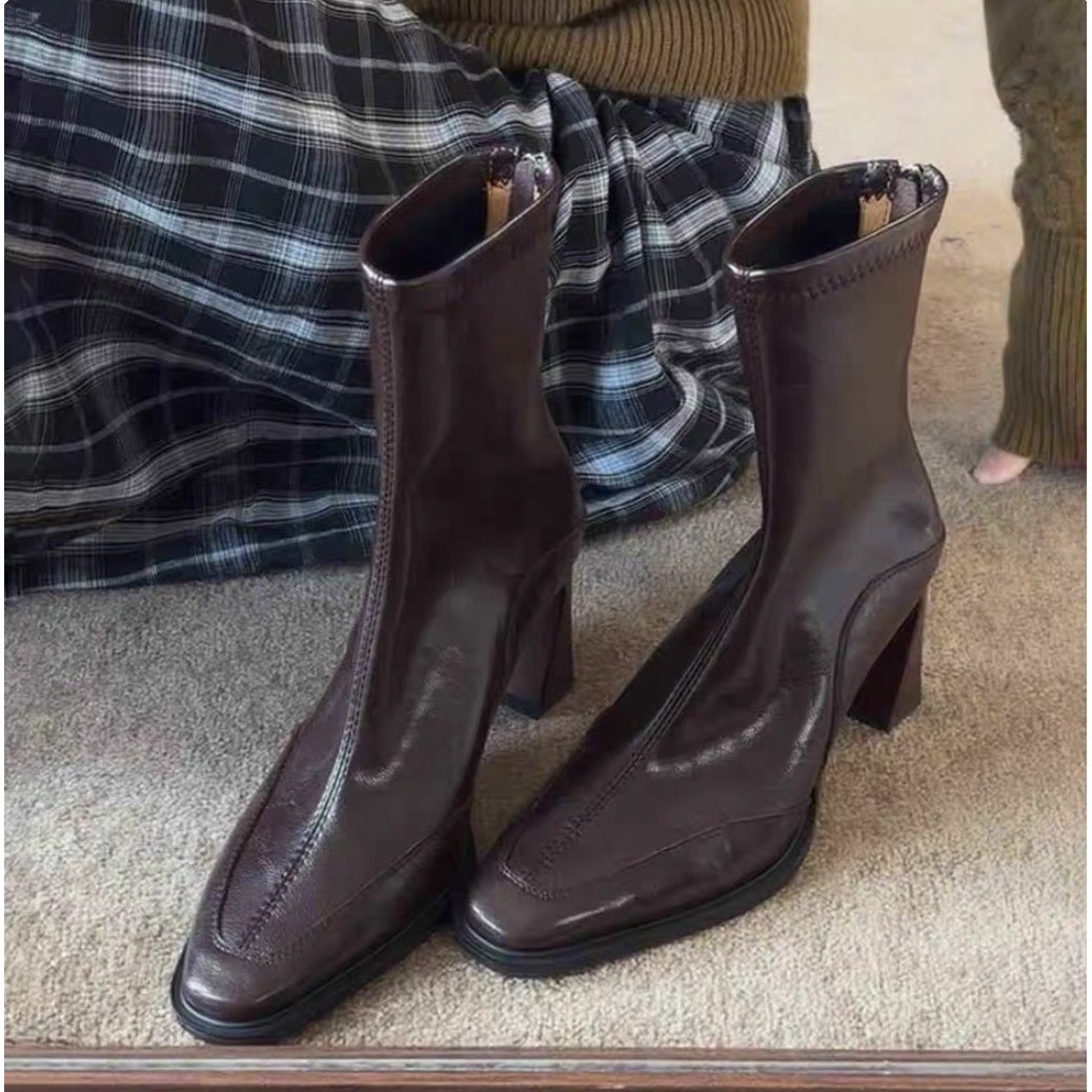 Women'S Square Toe Block Heel Boots | Korean Style Slim Fit Ankle Boots, Fall Vintage Short Booties, Zipper Closure, Pointed Toe, Low Heel, Polyurethane Upper, Genuine Leather Lining, Eva Insole, Rubber Sole, Women Shoes