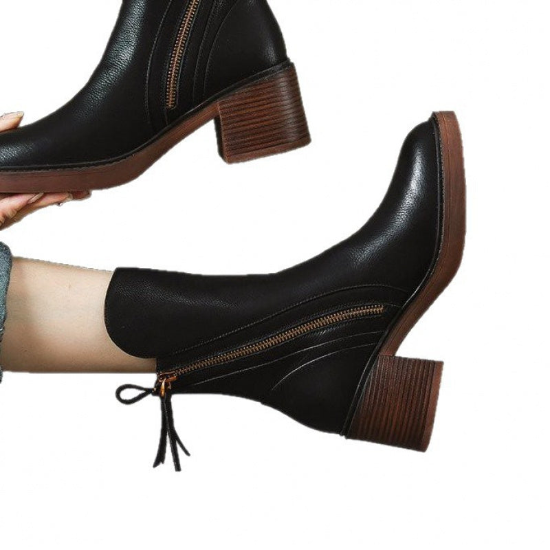 Mid-Calf Women'S Combat Boots with a Side Zipper, Featuring a Retro Chunky Heel And Available in Plus Sizes, Stored in a Local Warehouse., Women Shoes