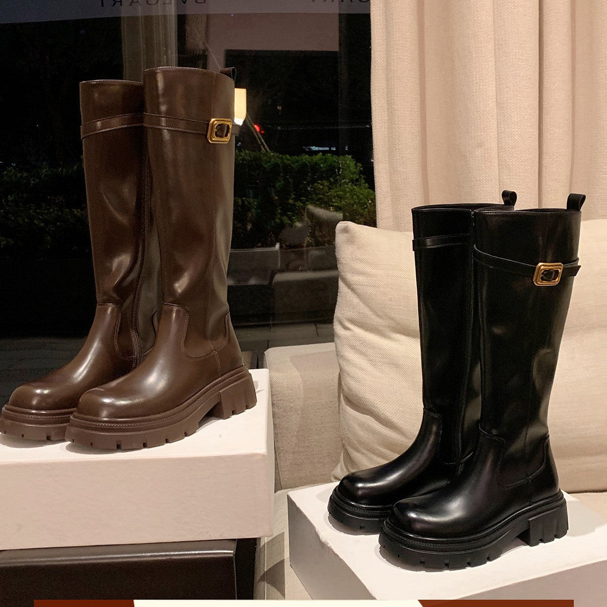 Knee High Platform Boots | Women Chunky Heel Round Toe Side Zipper Winter Warm Thick Sole Shoes | Microfiber Leather Upper, Genuine Leather Lining, Rubber Sole, Women Shoes