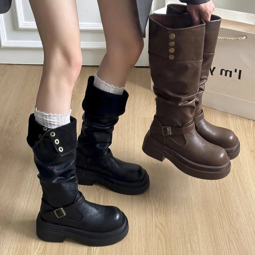 Women Platform Boots Over The Knee Slouch Boots Fold Over Style Winter Casual Boots High Shaft Fashion Boots, Women Shoes