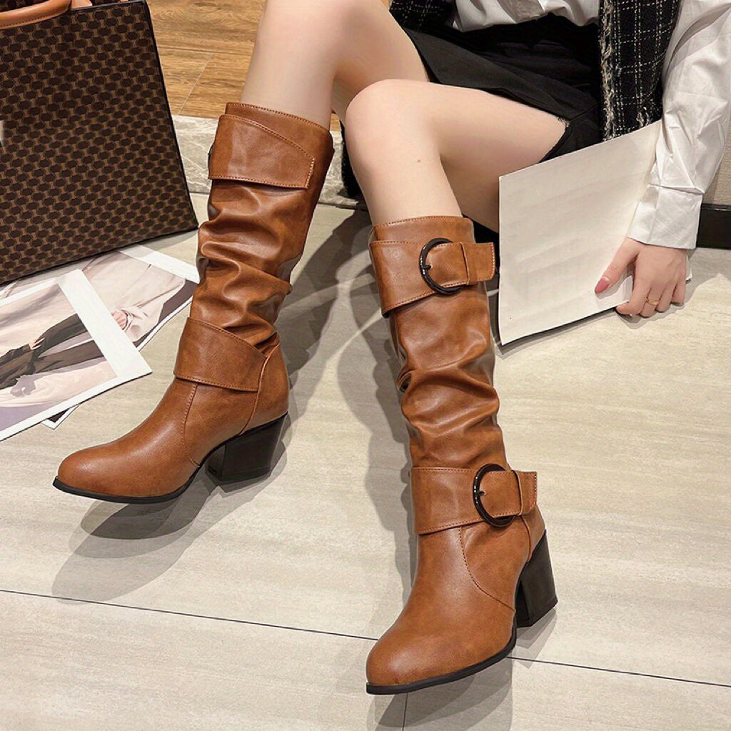 New Spring And Autumn Tall Boots for 2023, Featuring a Slim Fit, Chunky Heels, And Round Toes, Perfect for Those with Thicker Calves., Women Shoes