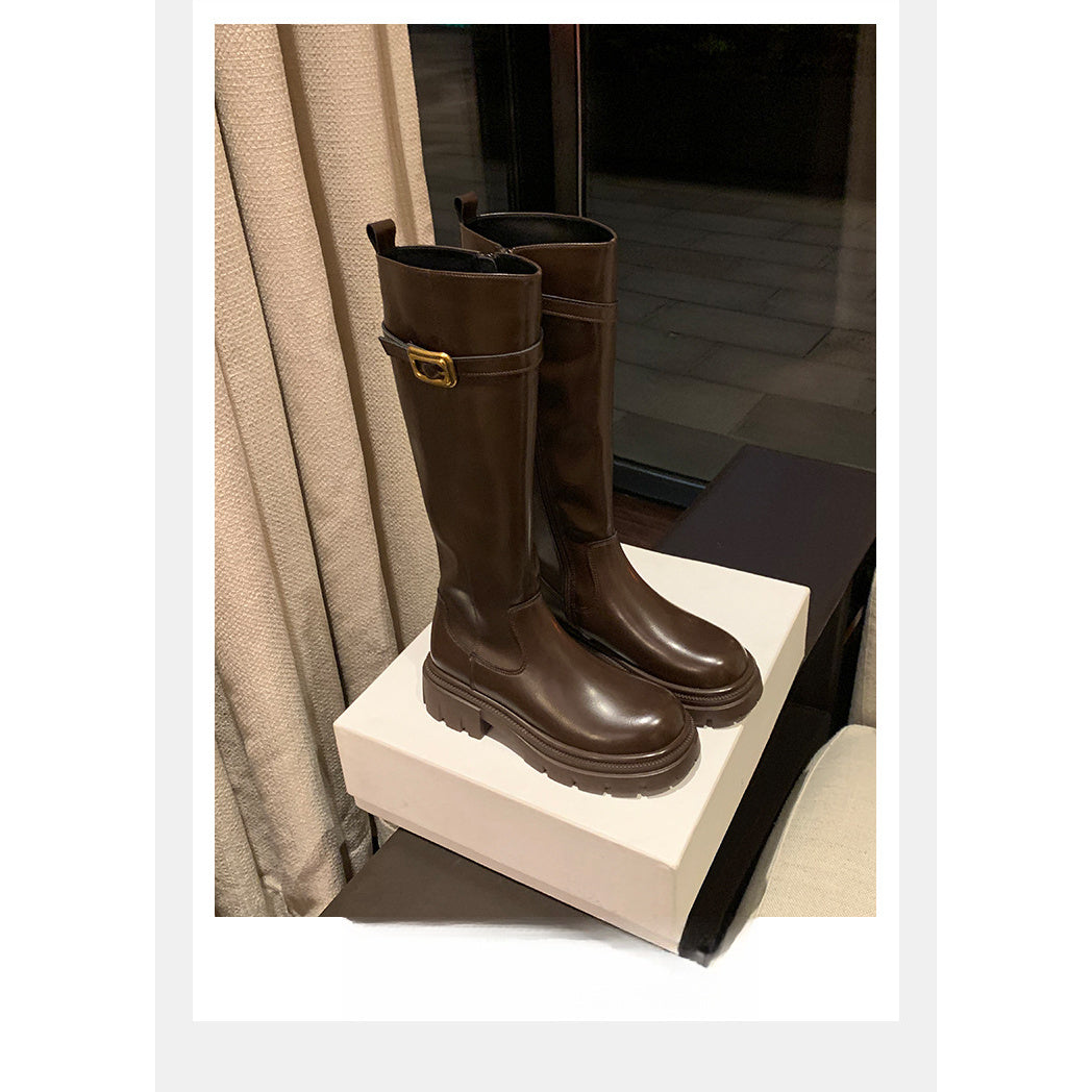 Knee High Platform Boots | Women Chunky Heel Round Toe Side Zipper Winter Warm Thick Sole Shoes | Microfiber Leather Upper, Genuine Leather Lining, Rubber Sole, Women Shoes