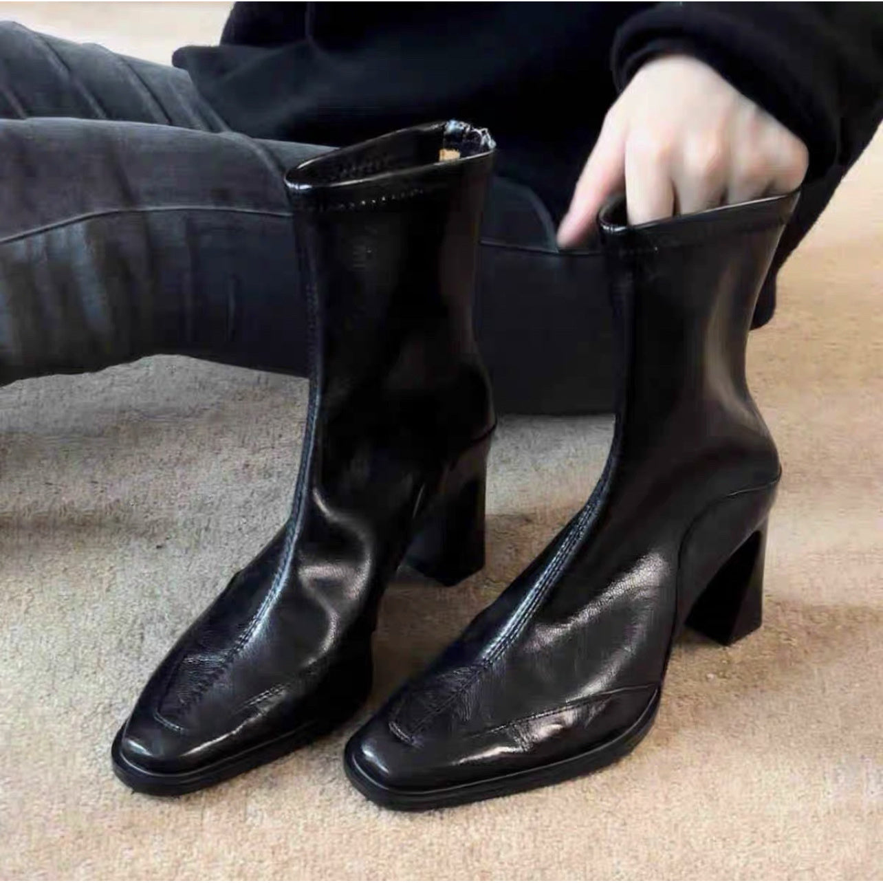 Women'S Square Toe Block Heel Boots | Korean Style Slim Fit Ankle Boots, Fall Vintage Short Booties, Zipper Closure, Pointed Toe, Low Heel, Polyurethane Upper, Genuine Leather Lining, Eva Insole, Rubber Sole, Women Shoes