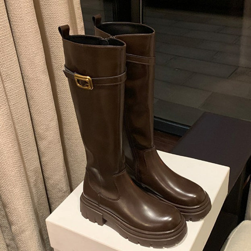 Knee High Platform Boots | Women Chunky Heel Round Toe Side Zipper Winter Warm Thick Sole Shoes | Microfiber Leather Upper, Genuine Leather Lining, Rubber Sole, Women Shoes