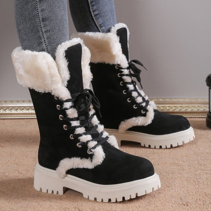 Mid-Calf Retro Chunky Platform Snow Boots | faux fur Lined, Slip-Resistant, EVA Upper, PVC Inner, Fabric Insole, Sole, Wide Fit for Women