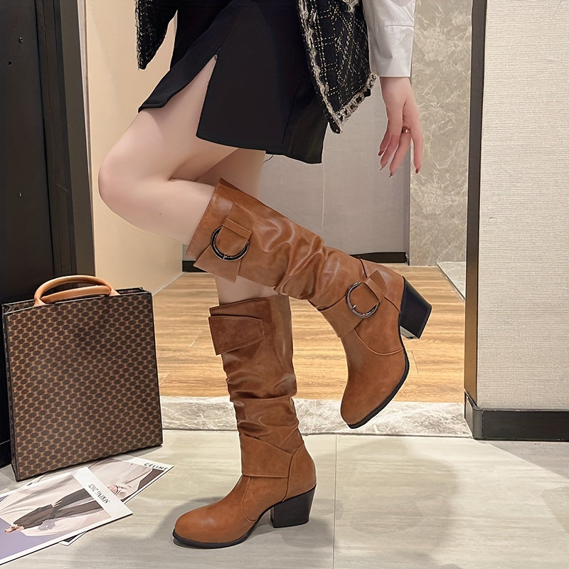 New Spring And Autumn Tall Boots for 2023, Featuring a Slim Fit, Chunky Heels, And Round Toes, Perfect for Those with Thicker Calves., Women Shoes