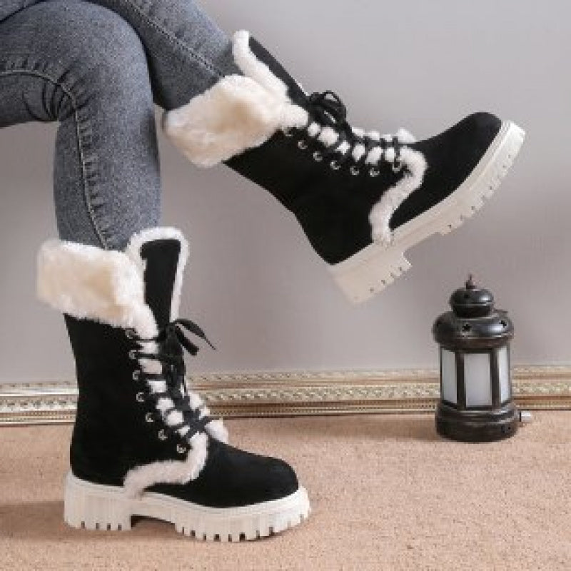 Mid-Calf Retro Chunky Platform Snow Boots | faux fur Lined, Slip-Resistant, EVA Upper, PVC Inner, Fabric Insole, Sole, Wide Fit for Women