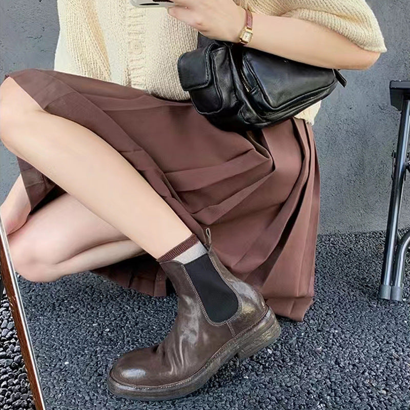 2026 Autumn\u002FWinter Women'S Chunky Heel Ankle Boots, Thick Solid Platform Pleated Leather Booties, Comfortable Fall Footwear for Women from Local Warehouse, Women Shoes