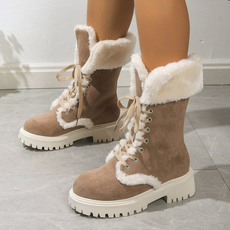Mid-Calf Retro Chunky Platform Snow Boots | faux fur Lined, Slip-Resistant, EVA Upper, PVC Inner, Fabric Insole, Sole, Wide Fit for Women