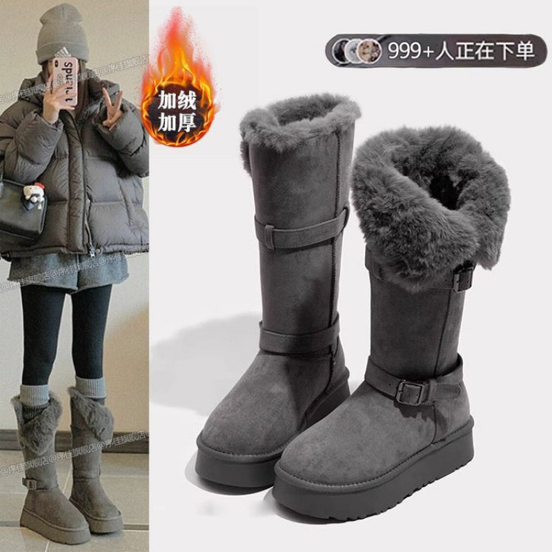 Womens Tall Snow Boots Gray Winter Fleece Lined Thick Sole Warm Thickened High Calf Knee High Boots | Solid Color, Fabric Upper, Superfine Fiber Inner, Rubber Insole, Sole, Winter Season, Slip-on Closure