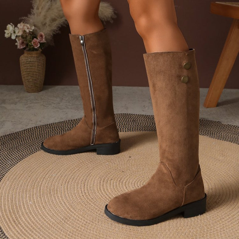 Nubuck Winter Fashion Boots with Round Toe, Thick Heel, Side Zipper | High-Cuffed Outdoor Sports Trend Boots for Men, Long Barrel, Solid Color