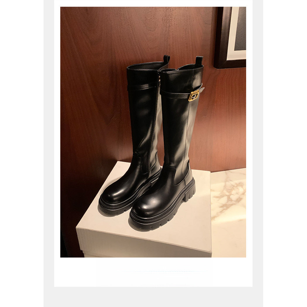 Knee High Platform Boots Women Chunky Heel Round Toe Side Zipper Winter Warm Thick Sole Shoes, Women Shoes