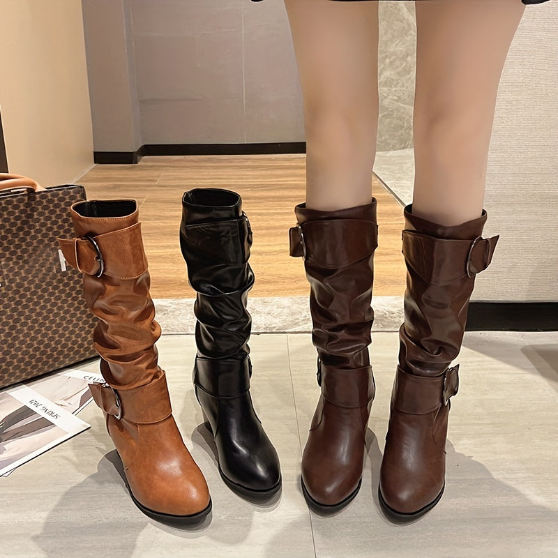 New Spring And Autumn Tall Boots for 2023, Featuring a Slim Fit, Chunky Heels, And Round Toes, Perfect for Those with Thicker Calves., Women Shoes