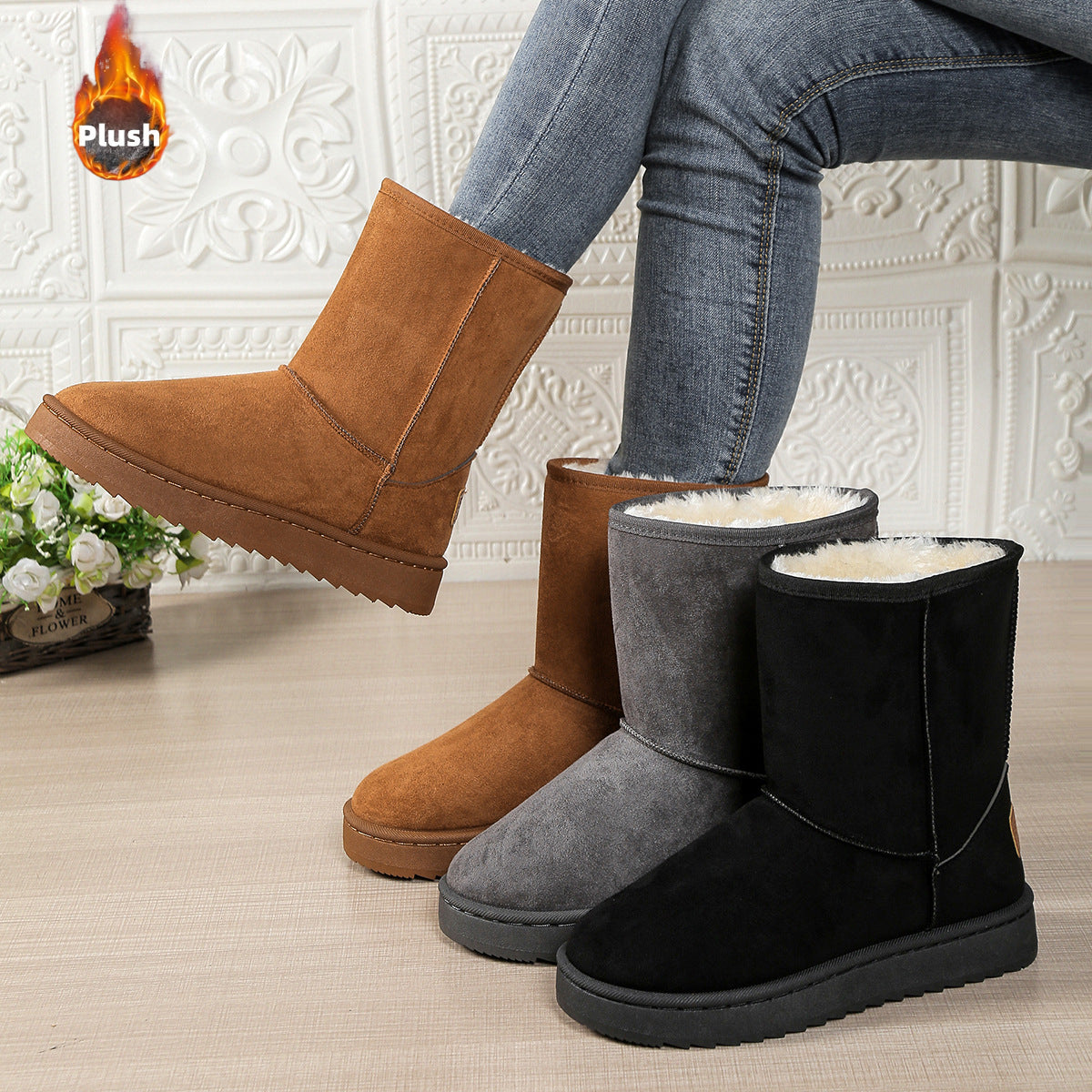 Sneakers, Womens Wide Width Mid Calf Snow Boots Large Size Winter Footwear Thermal Insulated Plush Lined Cold Weather Booties Thick Sole Shoes Non Slip Slip Casual Hiking Durable Comfortable Weather Ready